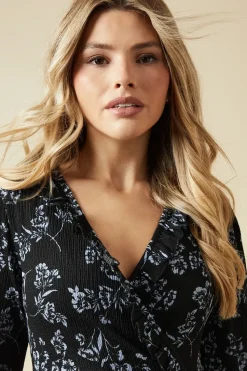 Blue large floral Ruffle wrap long sleeve mini dress