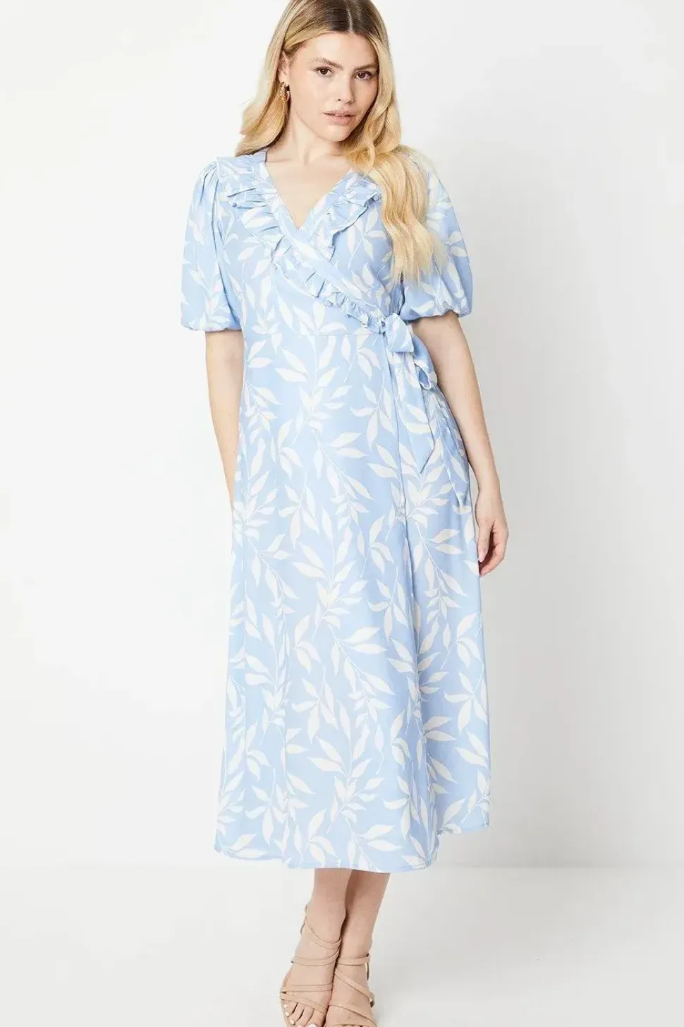 Blue Leaf Ruffle Tie Side Wrap Midi Dress