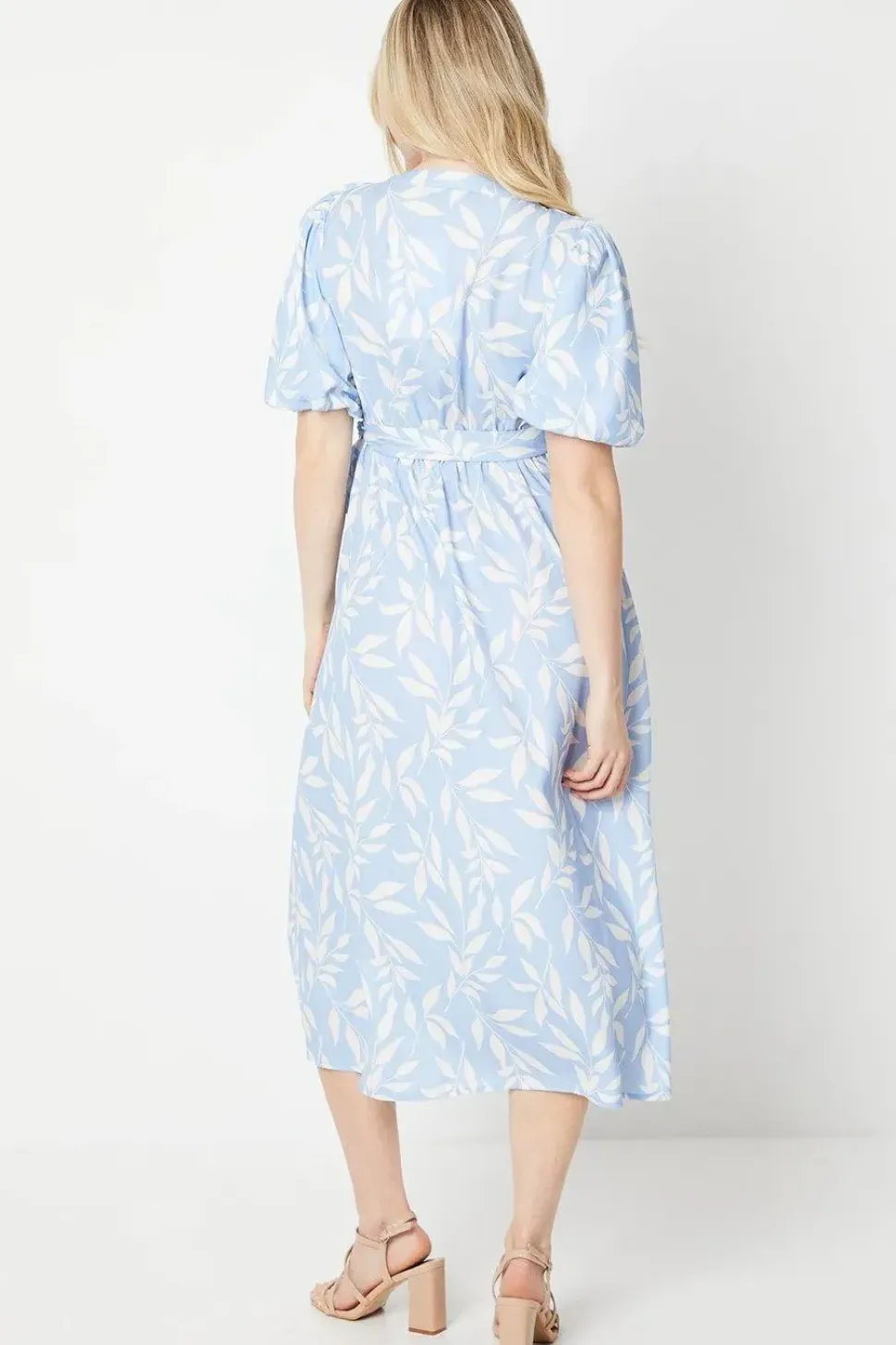 Blue Leaf Ruffle Tie Side Wrap Midi Dress