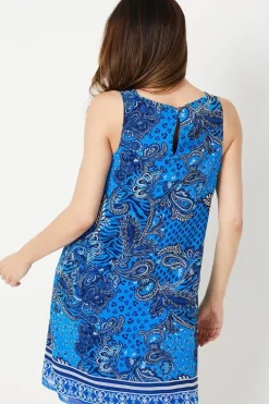Blue Paisley Border Print Sleeveless Shift Dress