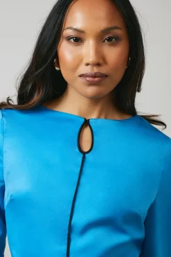 Blue Piping Detail Keyhole Midi Dress