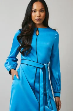 Blue Piping Detail Keyhole Midi Dress