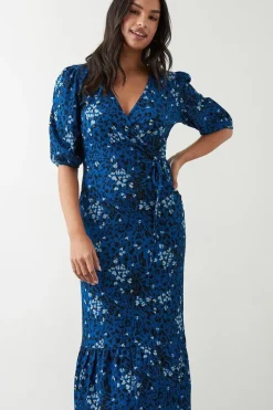 Blue Printed Puff Sleeve Wrap Midi Dress