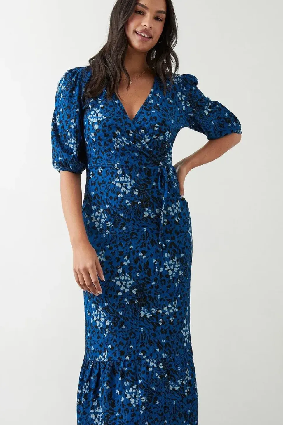 Blue Printed Puff Sleeve Wrap Midi Dress