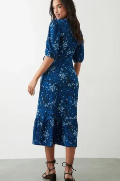 Blue Printed Puff Sleeve Wrap Midi Dress