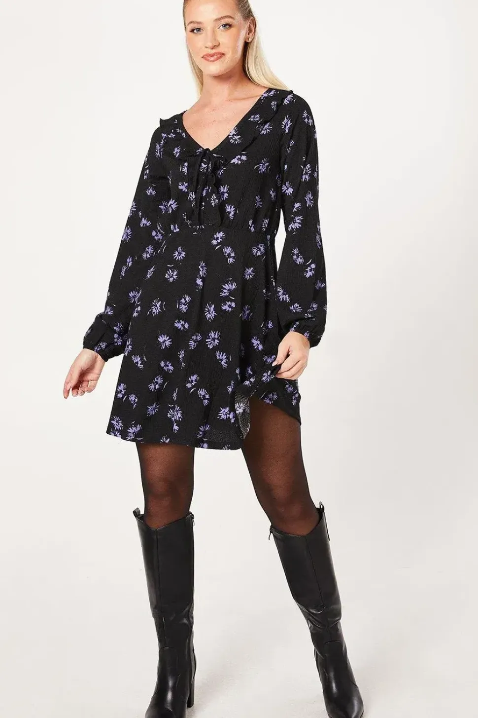 Blue Spaced Ditsy Frill Front V Neck Mini Dress