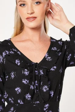 Blue Spaced Ditsy Frill Front V Neck Mini Dress