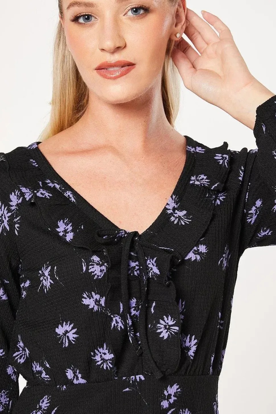 Blue Spaced Ditsy Frill Front V Neck Mini Dress