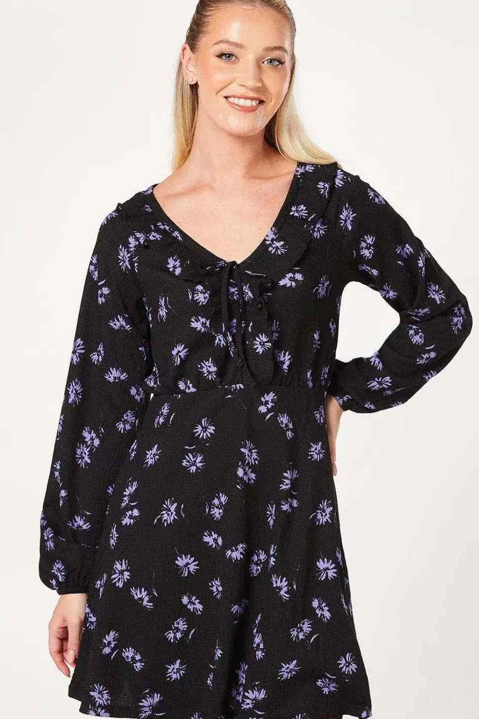 Blue Spaced Ditsy Frill Front V Neck Mini Dress