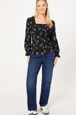 Blue Spaced Floral Tie Front Long Sleeve Top