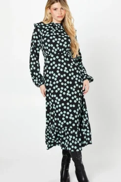 Blue Spot Ruffle Hem Long Sleeve Midi Dress