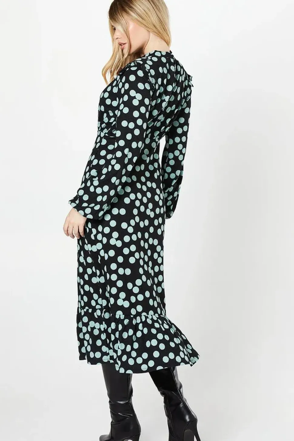 Blue Spot Ruffle Hem Long Sleeve Midi Dress