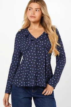 Blue Spot Ruffle Neck Long Sleeve Button Front Tea Blouse