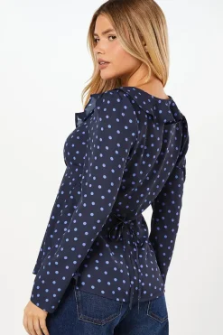 Blue Spot Ruffle Neck Long Sleeve Button Front Tea Blouse