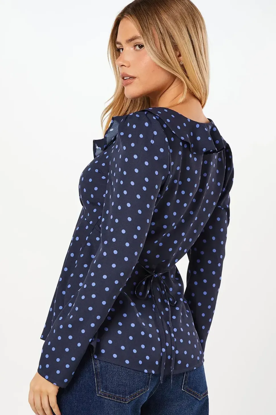 Blue Spot Ruffle Neck Long Sleeve Button Front Tea Blouse