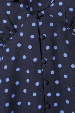 Blue Spot Ruffle Neck Long Sleeve Button Front Tea Blouse