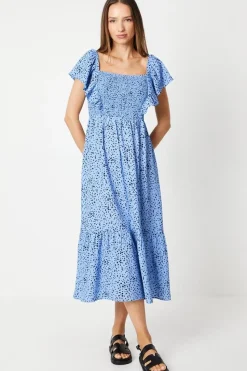 Blue Spot Shirred Bodice Ruffle Sleeve Midi Dress