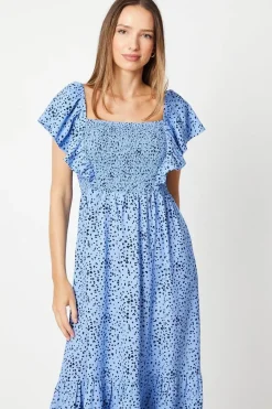 Blue Spot Shirred Bodice Ruffle Sleeve Midi Dress