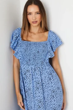 Blue Spot Shirred Bodice Ruffle Sleeve Midi Dress