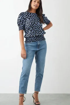 Blue Spot Shirred Hem Blouse