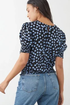 Blue Spot Shirred Hem Blouse