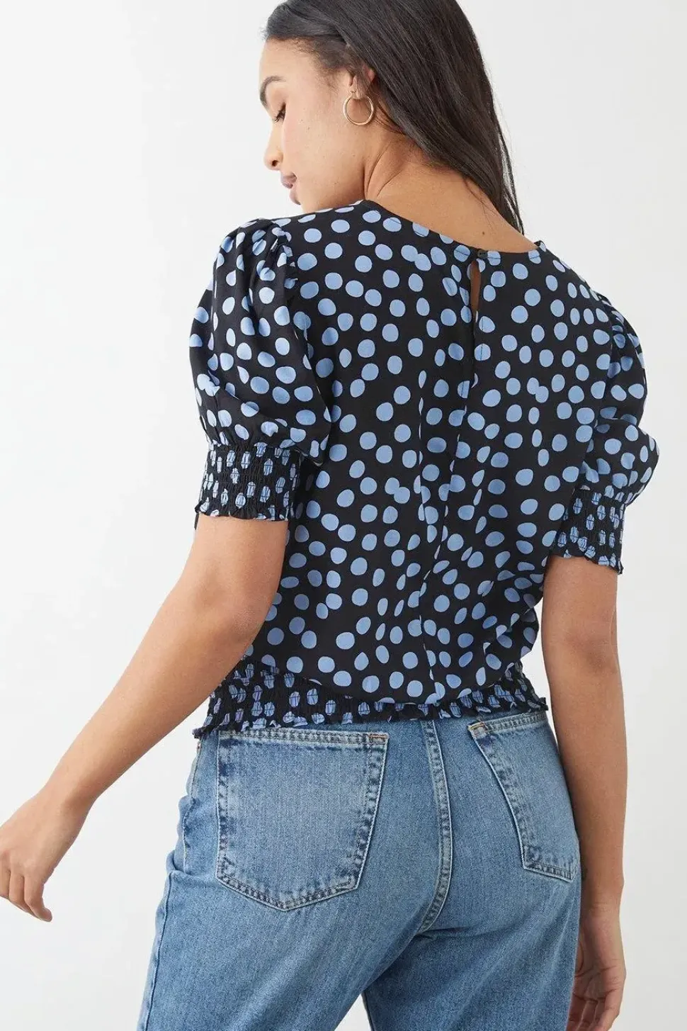 Blue Spot Shirred Hem Blouse