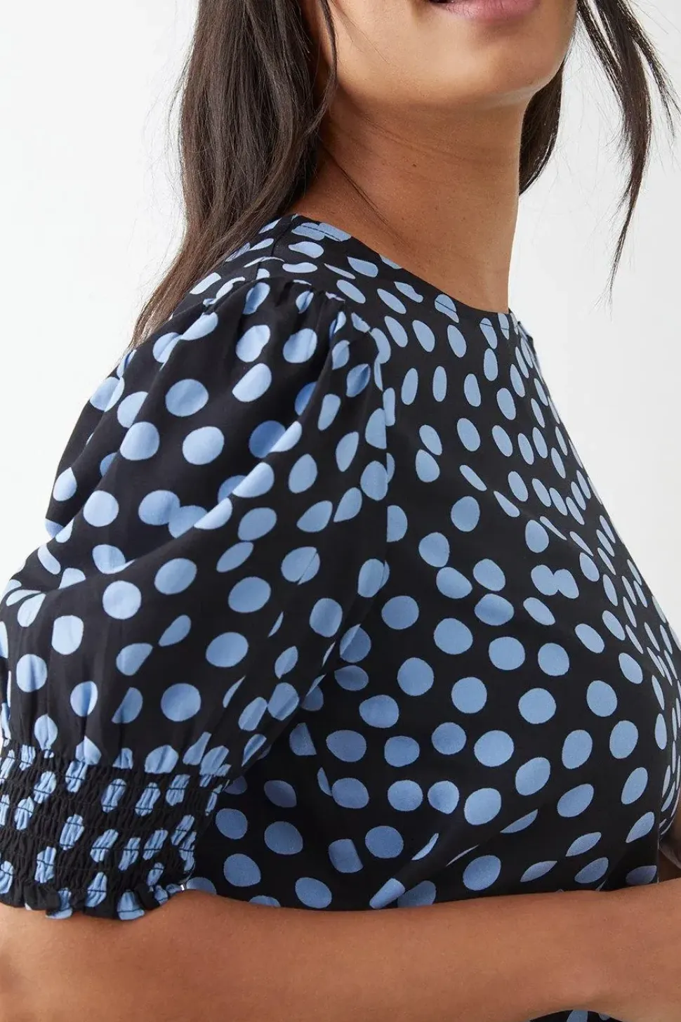 Blue Spot Shirred Hem Blouse