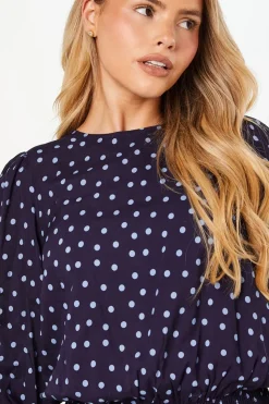 Blue Spot Shirred Hem Long Sleeve Blouse