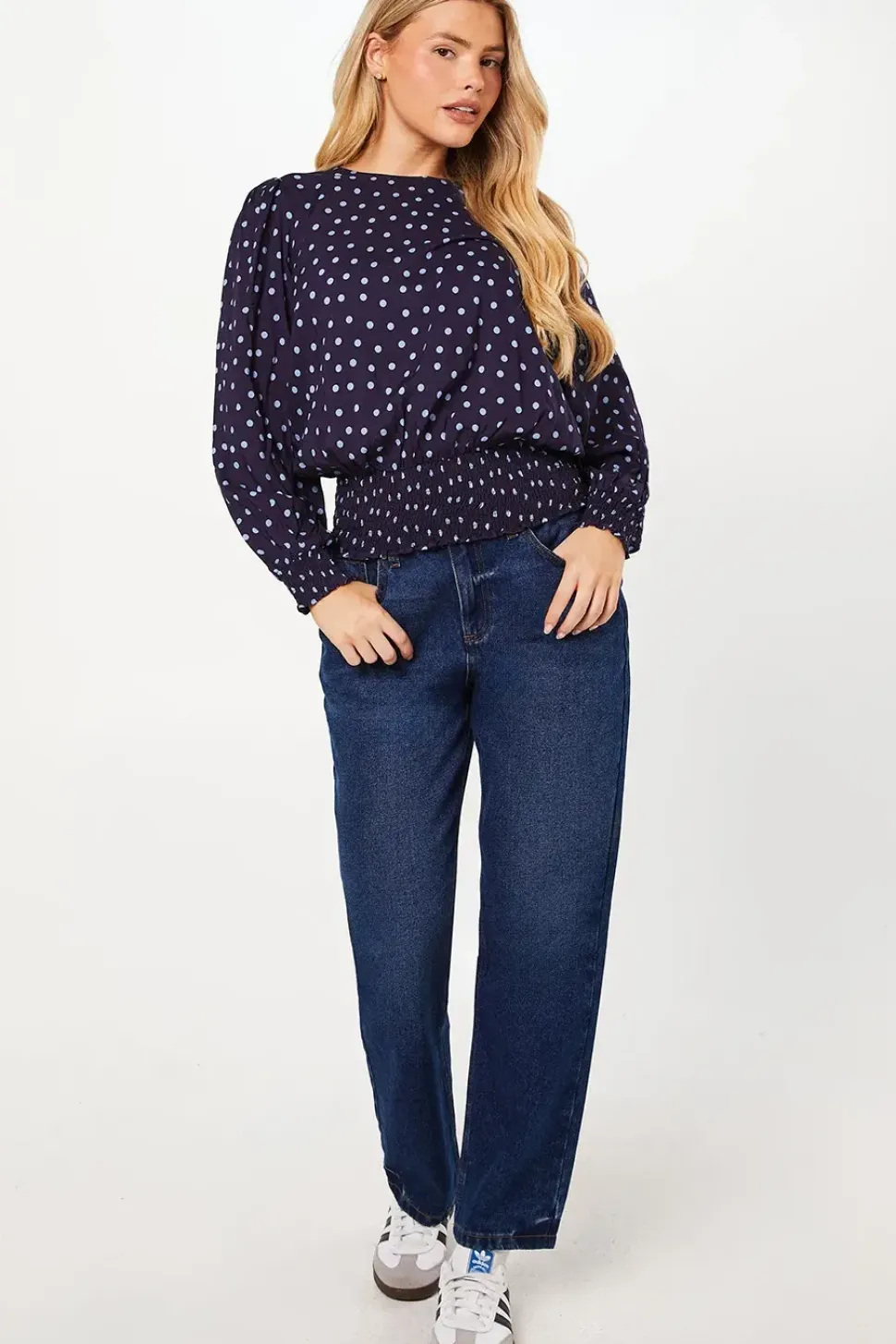 Blue Spot Shirred Hem Long Sleeve Blouse