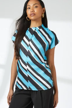 Blue Stripe Print Drape Knot Front Shell Top