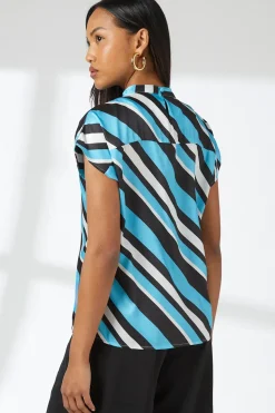 Blue Stripe Print Drape Knot Front Shell Top