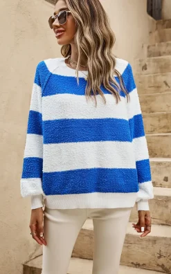 Blue Stripe Relaxed Knit Jumper Top In White