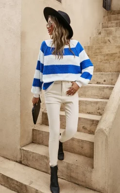 Blue Stripe Relaxed Knit Jumper Top In White