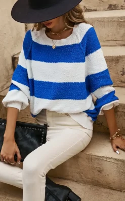 Blue Stripe Relaxed Knit Jumper Top In White