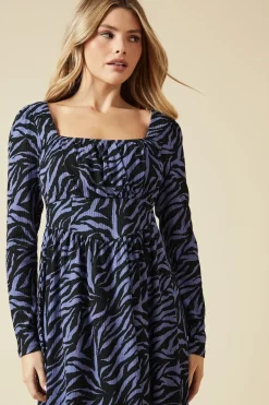 Blue Zebra Seam Detail Long Sleeve Midi Dress