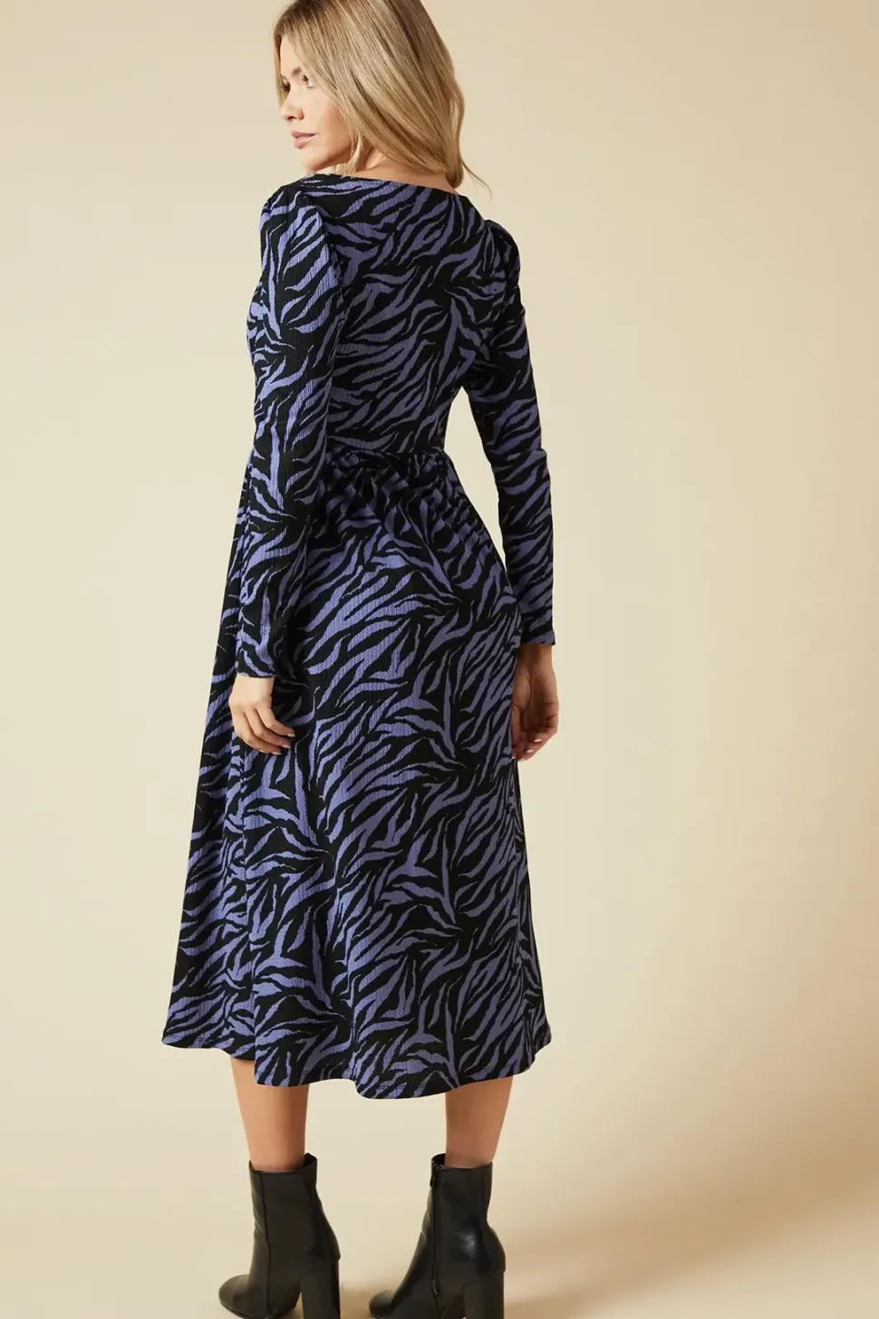 Blue Zebra Seam Detail Long Sleeve Midi Dress