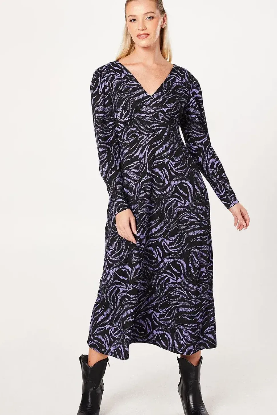 Blue Zebra V Neck Empire Midi Dress