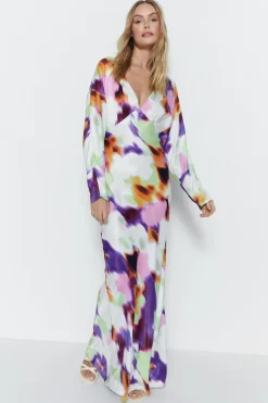 Blurred Abstract Print Satin Batwing Dress