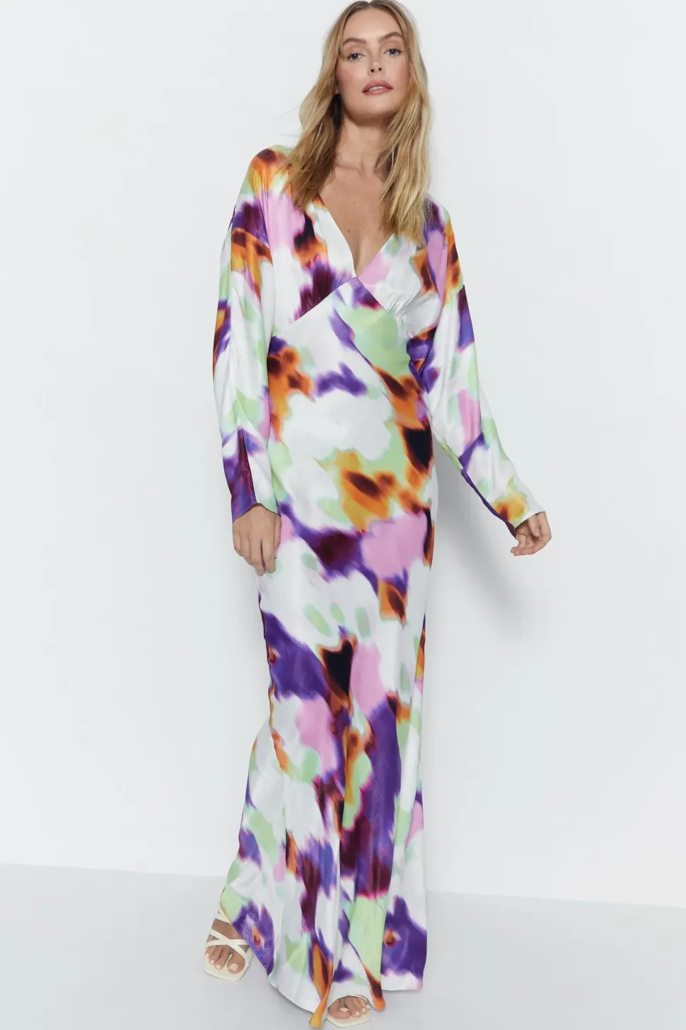 Blurred Abstract Print Satin Batwing Dress