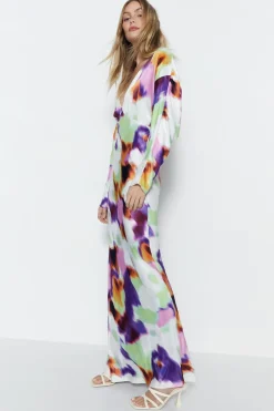 Blurred Abstract Print Satin Batwing Dress