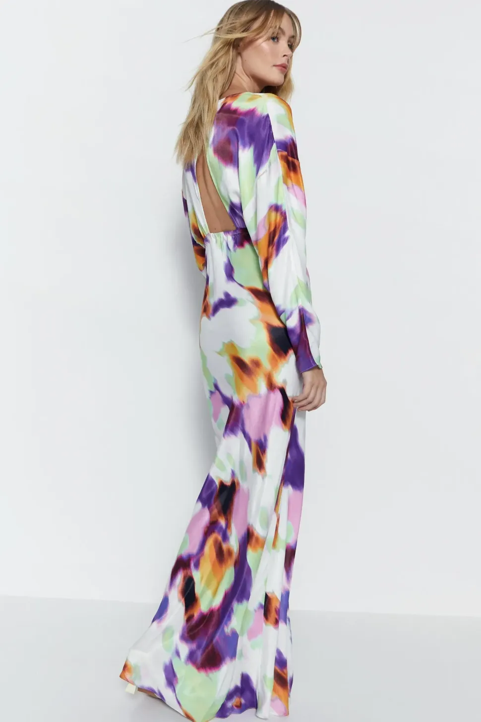 Blurred Abstract Print Satin Batwing Dress
