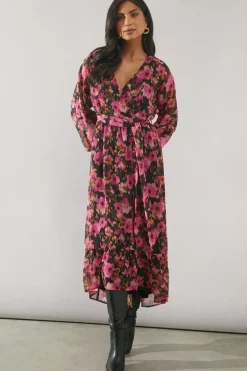 Blurred Floral Batwing Sleeve Wrap Dress