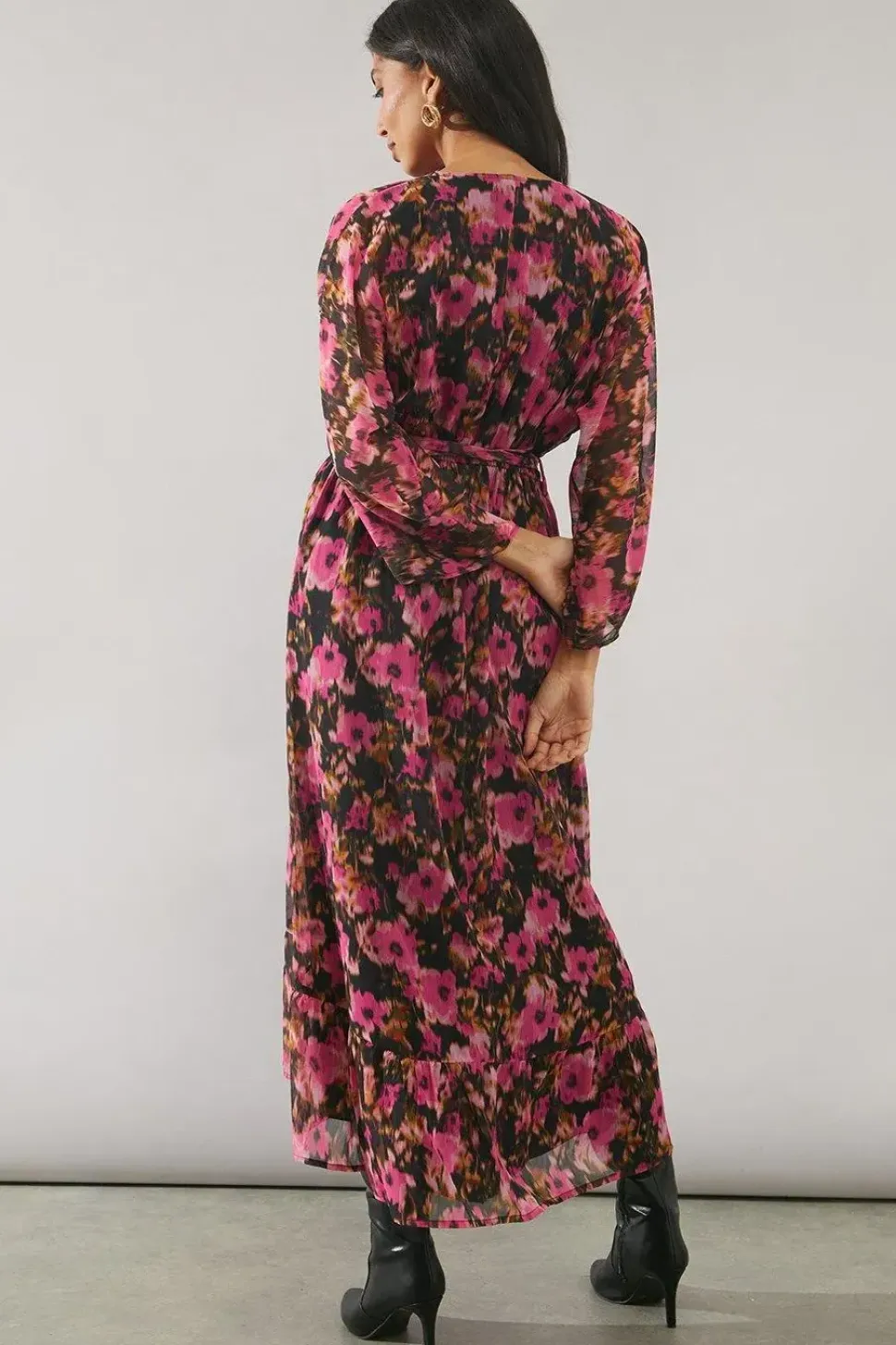 Blurred Floral Batwing Sleeve Wrap Dress