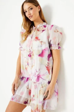 Blurred Floral 3d Flower Puff Sleeve Mini Dress