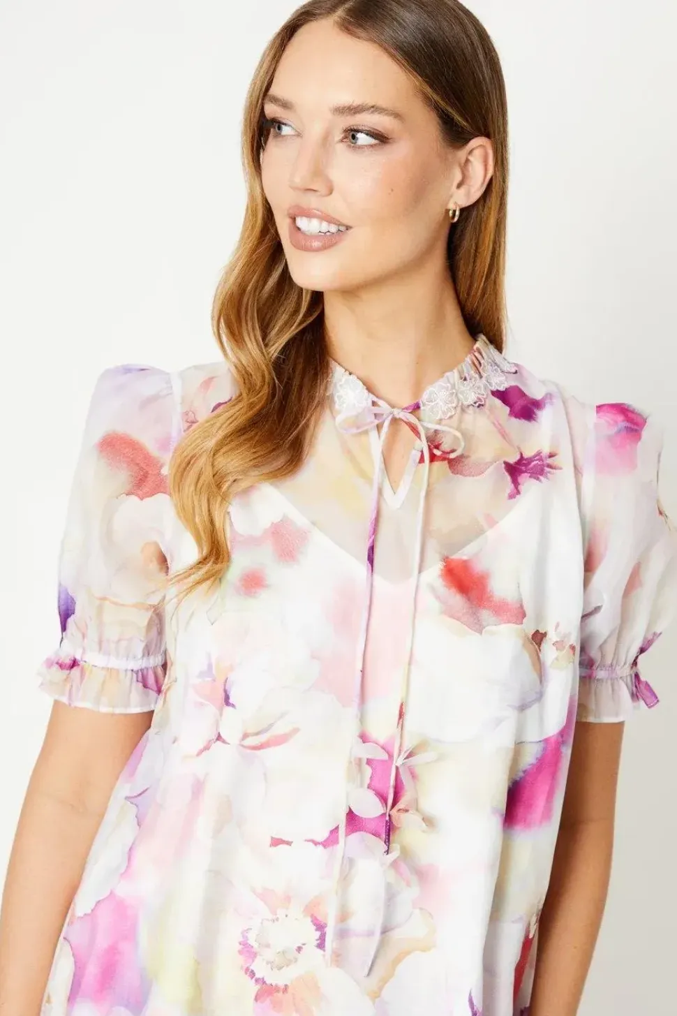Blurred Floral 3d Flower Puff Sleeve Mini Dress