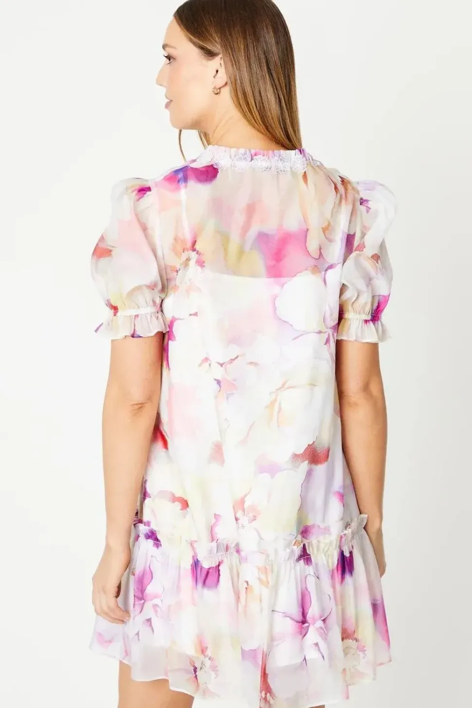 Blurred Floral 3d Flower Puff Sleeve Mini Dress
