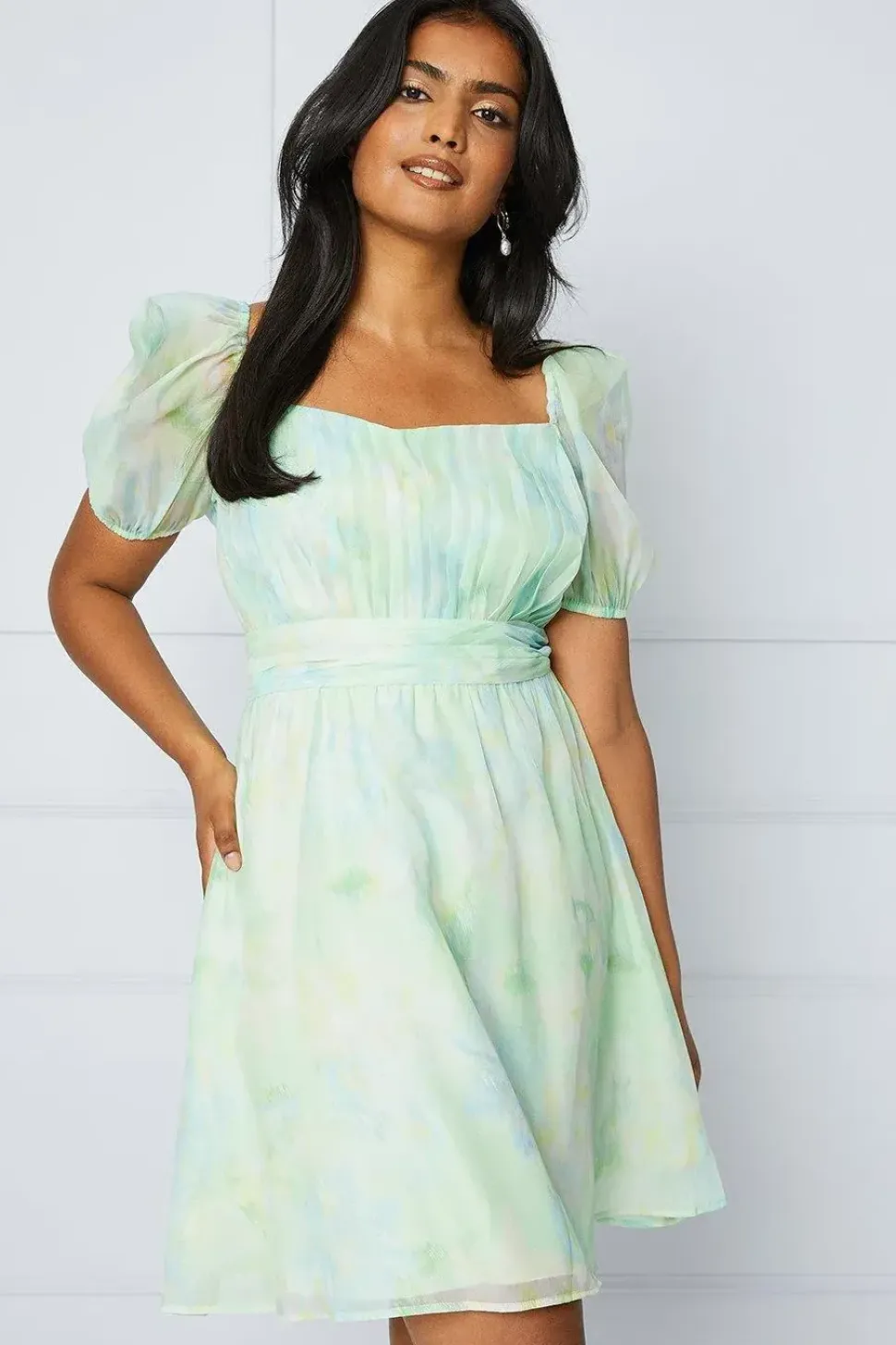 Blurred Floral Ruched Bust Organza Mini Dress