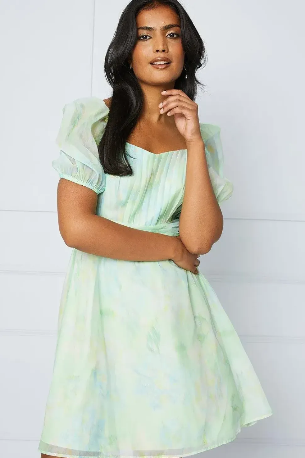 Blurred Floral Ruched Bust Organza Mini Dress