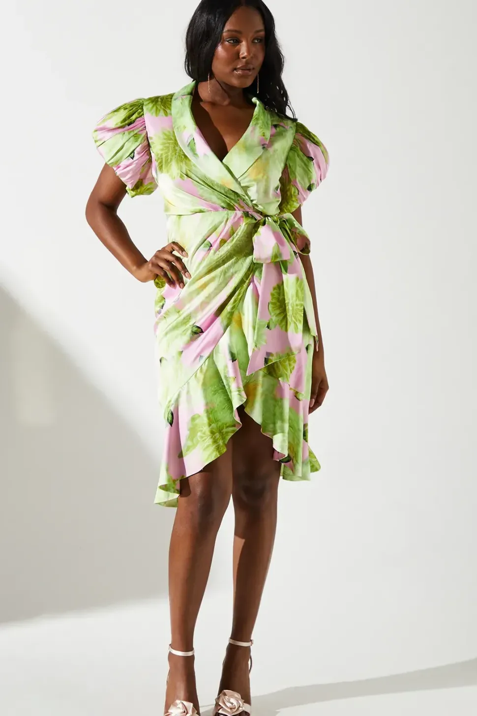 Blurred Floral Satin Wrap Dress