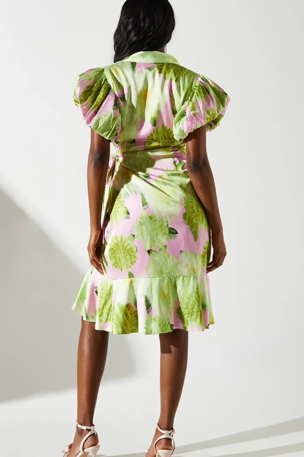 Blurred Floral Satin Wrap Dress